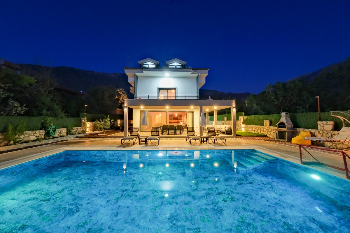 The villa is illuminated under the night sky, highlighting the expansive swimming pool and surrounding terrace. Comfortable lounge chairs are positioned by the pool, while the two-story structure features multiple outdoor seating areas, offering a serene view of the Mendos Mountains in the background.