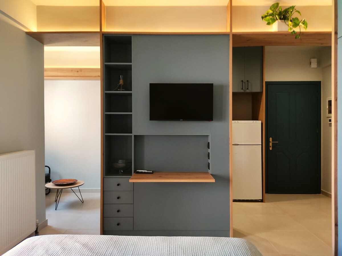 A modern studio interior features a wall-mounted television above a functional media unit with shelving and drawers. A relaxing seating area is visible to the side, while a refrigerator stands against the wall. Warm wooden tones complement the cool blue cabinetry.