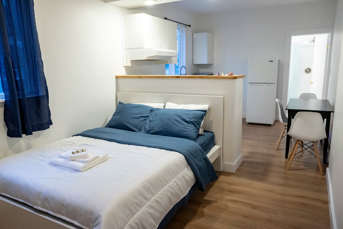 The studio features an open-concept design, showcasing a queen bed with soft linens and two pillows. A dining area with a table and chairs is visible, along with a kitchenette containing essential appliances. Natural light is provided by a window dressed in blue curtains.