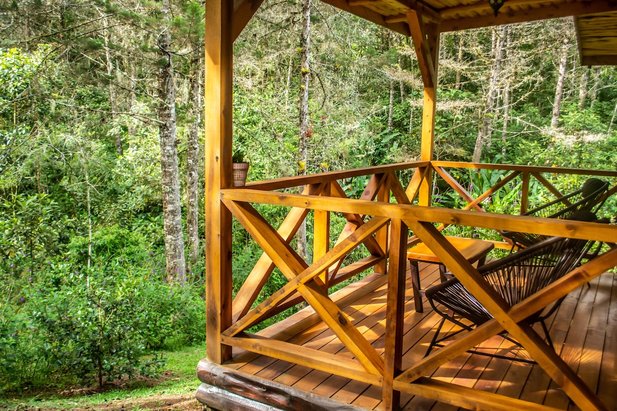 A private deck is constructed with sturdy wooden beams, featuring a relaxing chair. Surrounding the deck, lush greenery provides a natural backdrop, while the well-maintained wooden floor enhances the outdoor space. The tranquil forest landscape invites moments of peace and connection with nature.