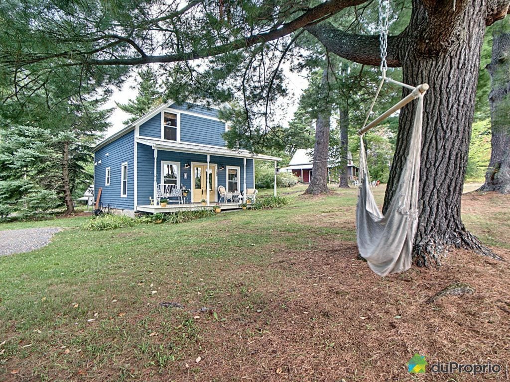 A charming blue house is nestled among lush greenery, with a welcoming porch featuring several outdoor chairs. A hammock hangs from a large tree, providing a serene spot for relaxation. The spacious yard showcases a natural setting, inviting outdoor activities.