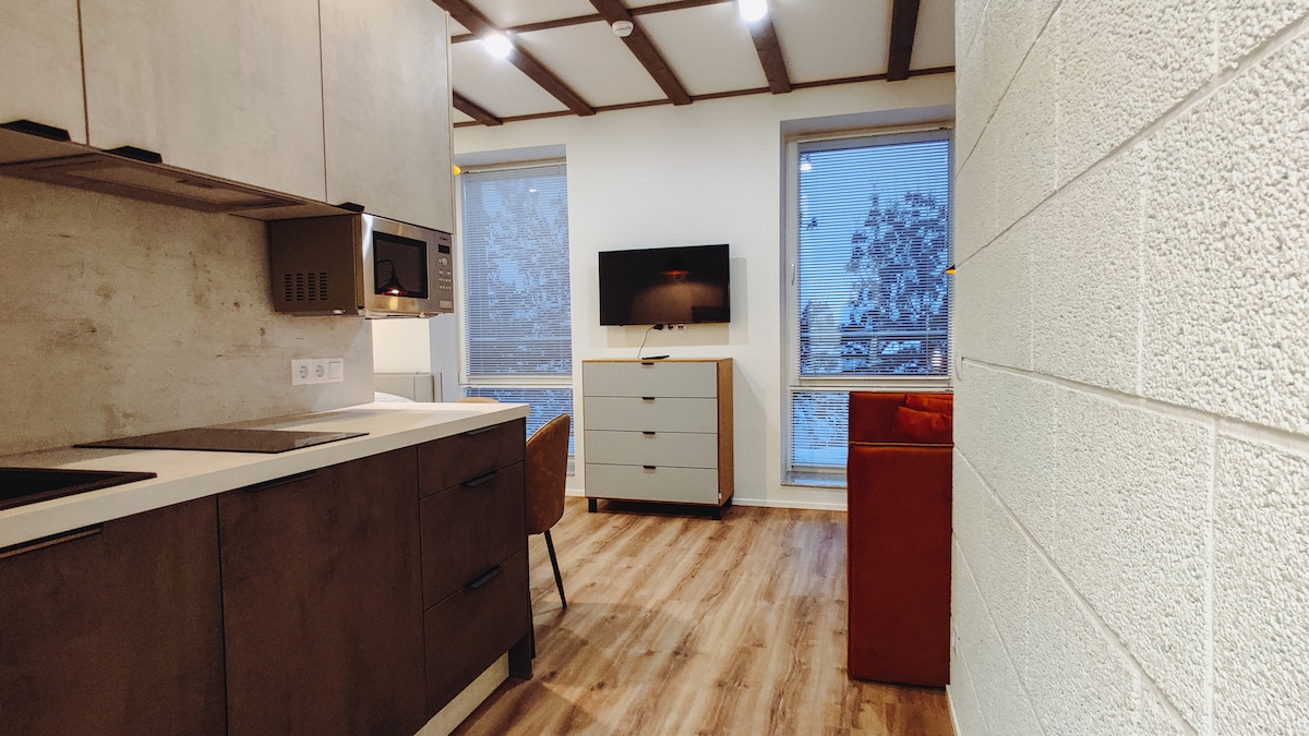 A modern kitchen area is visible with sleek cabinetry and a built-in microwave. A flat-screen television is mounted on the wall opposite a dining space with a small table and chairs. Large windows provide natural light and offer a view of the outdoors.