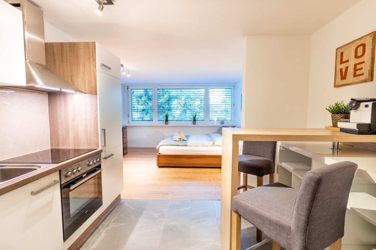 A modern studio is showcased with a well-equipped kitchen on the left, featuring a stovetop and oven. A spacious bed can be seen in the background, accompanied by large windows allowing natural light to illuminate the area. A small dining table with two chairs is positioned nearby.