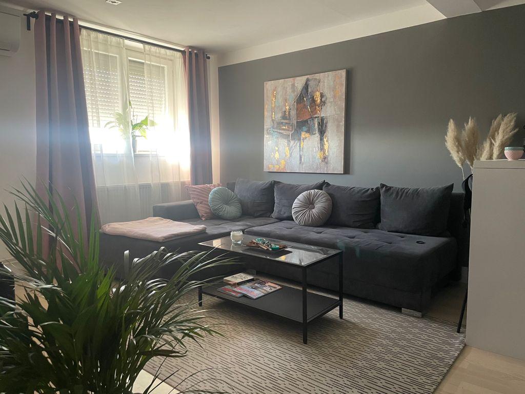 A modern living area features a dark gray sectional sofa adorned with soft cushions. A coffee table displays magazines and a small decorative item. Natural light filters through the window, complemented by sheer curtains, and green plants add a touch of vibrancy to the space.