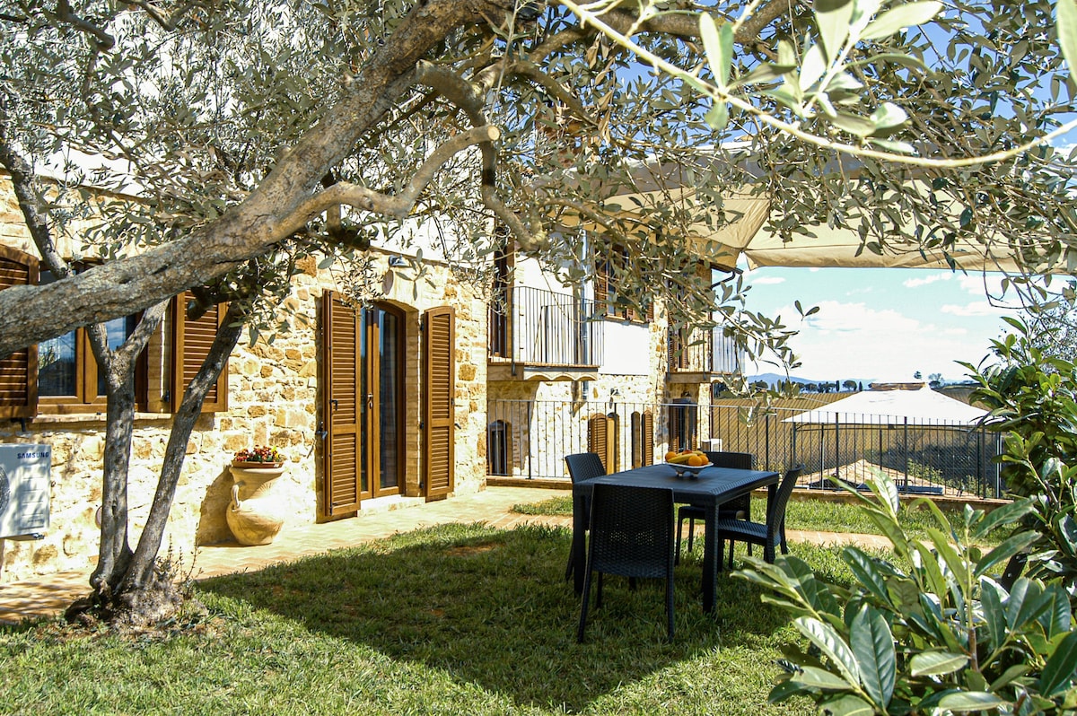 An outdoor dining area is positioned beneath a large olive tree, featuring a dark table surrounded by matching chairs. The stone building showcases wooden shutters and balconies, while a green lawn adds a natural touch, enhancing the serene environment.
