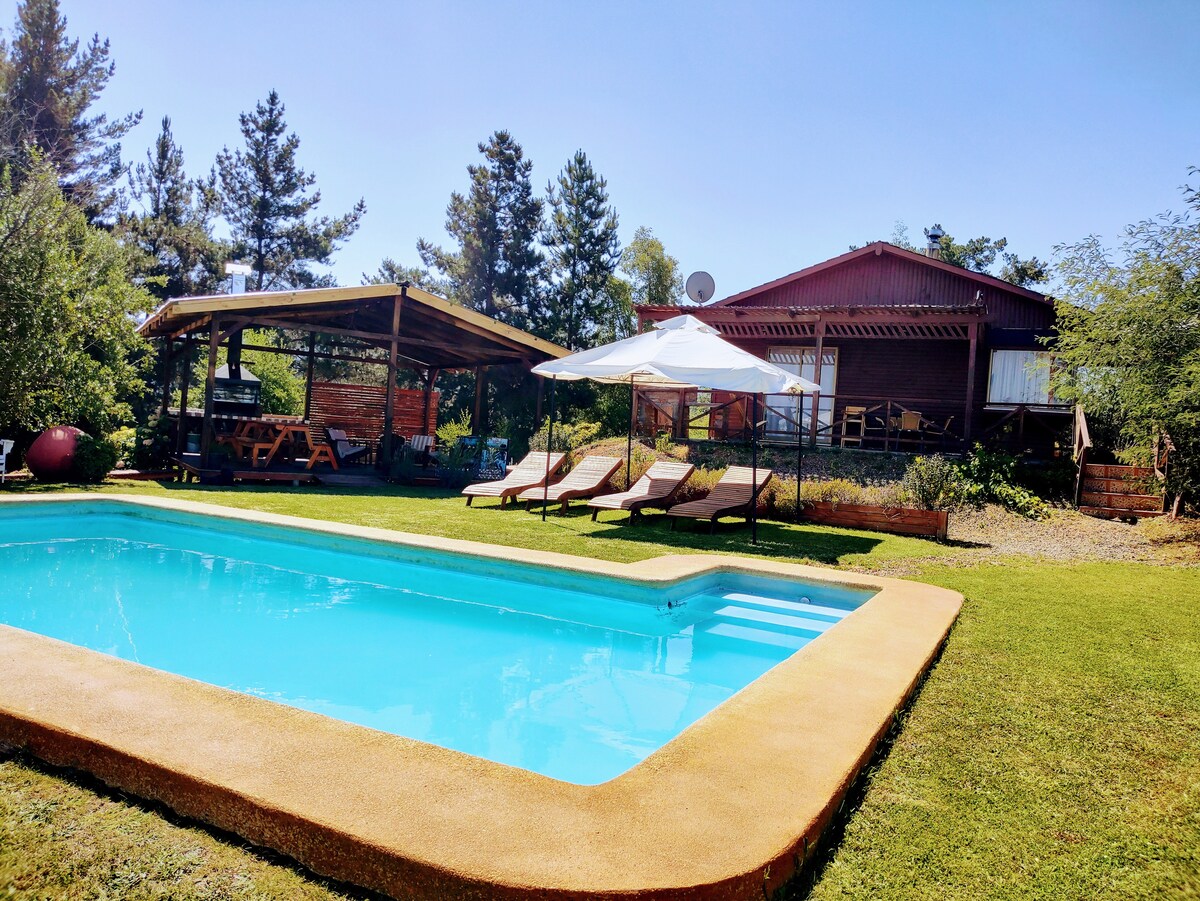 A private pool glistens under the sun, surrounded by lush greenery and lounge chairs, with a shaded area featuring a wooden table. The rustic cabin is set in the background, framed by tall trees, contributing to a serene outdoor environment.