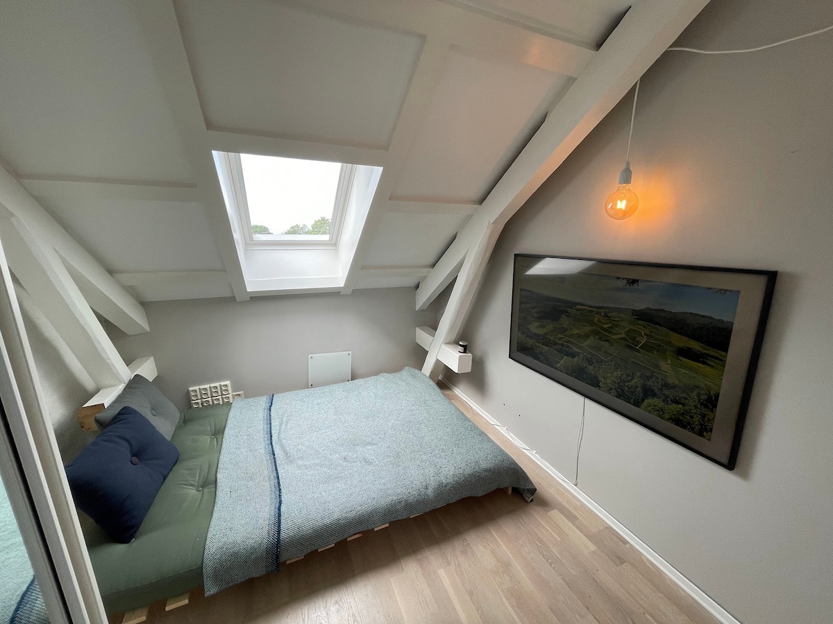 Dormitorio con TV y cama doble en el primer piso