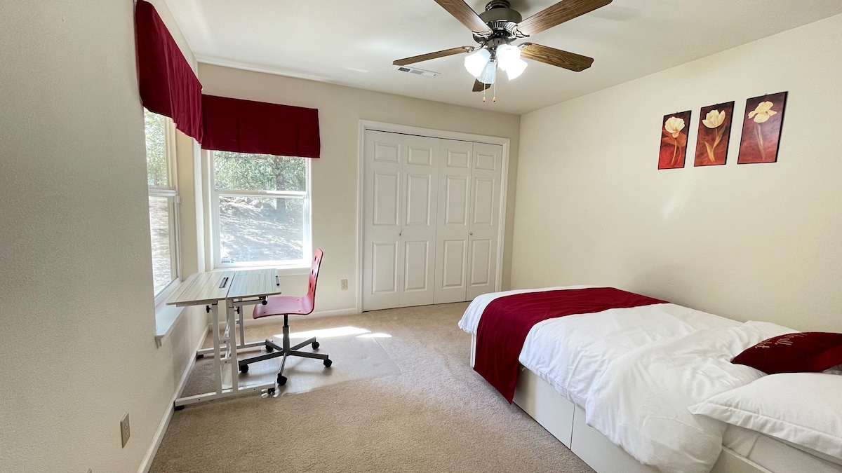 Third Bedroom with a 
••Full size memory foam Bed
••a Standing Desk. 
••The closet has one twin mattress for the 4th bedroom. 