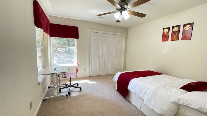Third Bedroom with a 
••Full size memory foam Bed
••a Standing Desk. 
••The closet has one twin mattress for the 4th bedroom. 