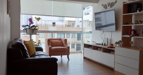 A comfortable living area features a dark leather sofa and an orange patterned chair. A wall-mounted TV is displayed above a low cabinet, while several potted plants are positioned near large windows that provide natural light and an outdoor view.