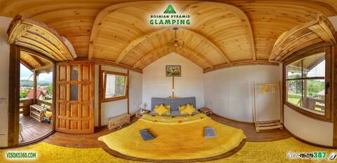 Yellow bungalow Bosnian pyramid glamping