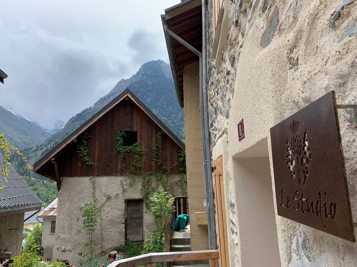 A stone building is shown with a wooden sign reading 'le Studio' positioned prominently. The image captures the rustic charm of the surrounding architecture, with green vines climbing the wall. The backdrop features majestic mountains partially obscured by clouds.