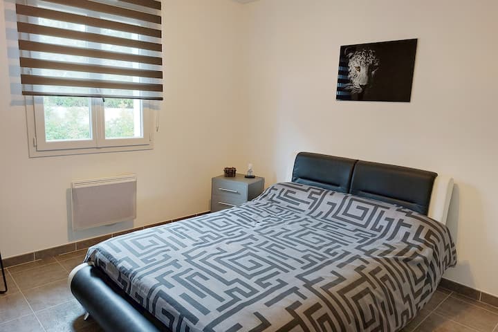 غرفة أليكس: مكيف هواء ، 140 سريرًا ، وسادتان ، لحاف ، تلفزيون ، طاولة بجانب السرير ، مصباح بجانب السرير ، وحدة تحكم ، وكرسي بذراعين .