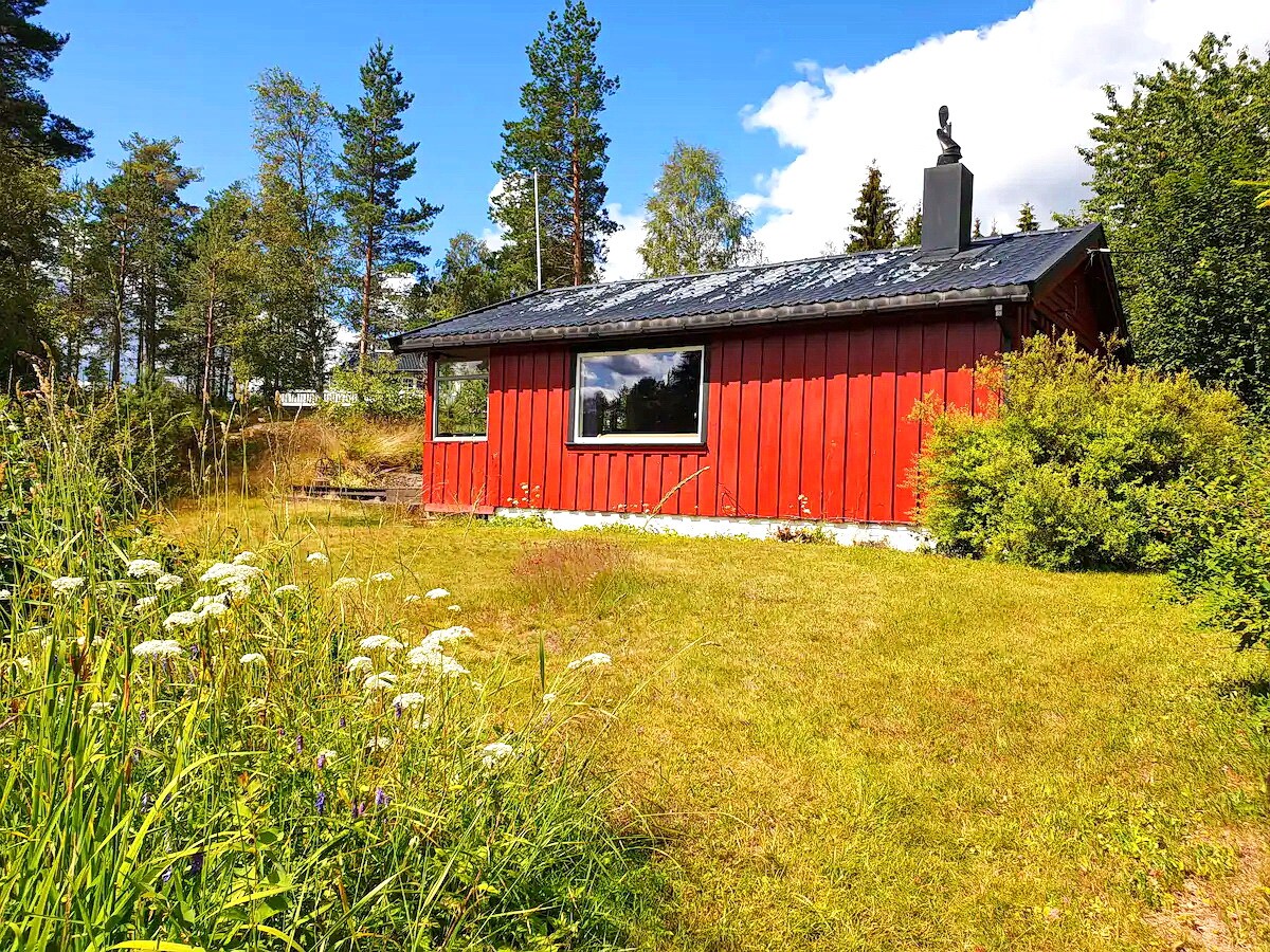 A bright red cabin is set amidst grassy surroundings, framed by trees. A large window reflects sunlight, enhancing the inviting appearance of the structure. Wildflowers and lush greenery are present in the foreground, contributing to a natural and serene setting.