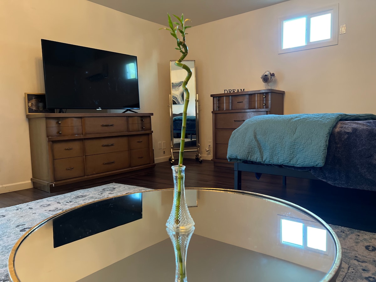 A spacious studio is depicted, featuring a large TV mounted on the wall and stylish wooden dressers. A glass table reflects a decorative vase containing a slender green plant. The serene sleeping area is characterized by a plush bed adorned with a soft blanket.