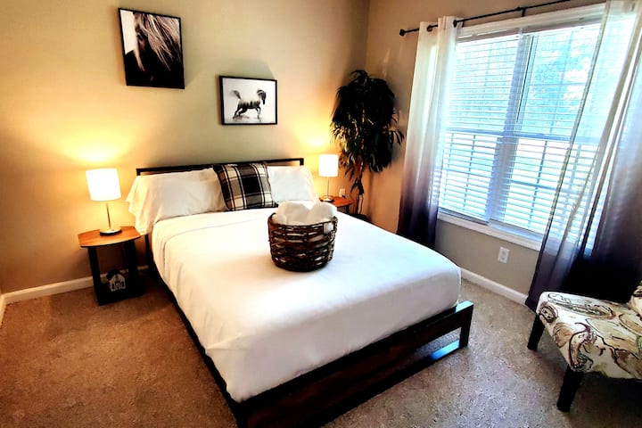 Comfy queen bedroom with double window and chair with horse theme art. USB lamps for your convenience.