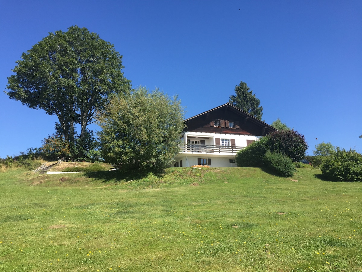 A chalet set against a clear blue sky, surrounded by lush green grass and trees. The structure features a sloped roof and multiple balconies, inviting outdoor relaxation. The expansive lawn provides a sense of openness and tranquility, complementing the picturesque natural environment.