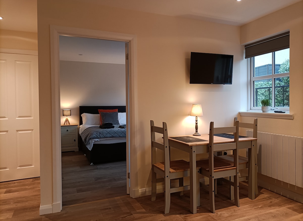An inviting living area contains a dining table with two chairs, well-suited for meals or work. The private bedroom is visible through an open door, featuring a spacious bed and a wall-mounted TV is positioned above a side table. Natural light enters through a window.