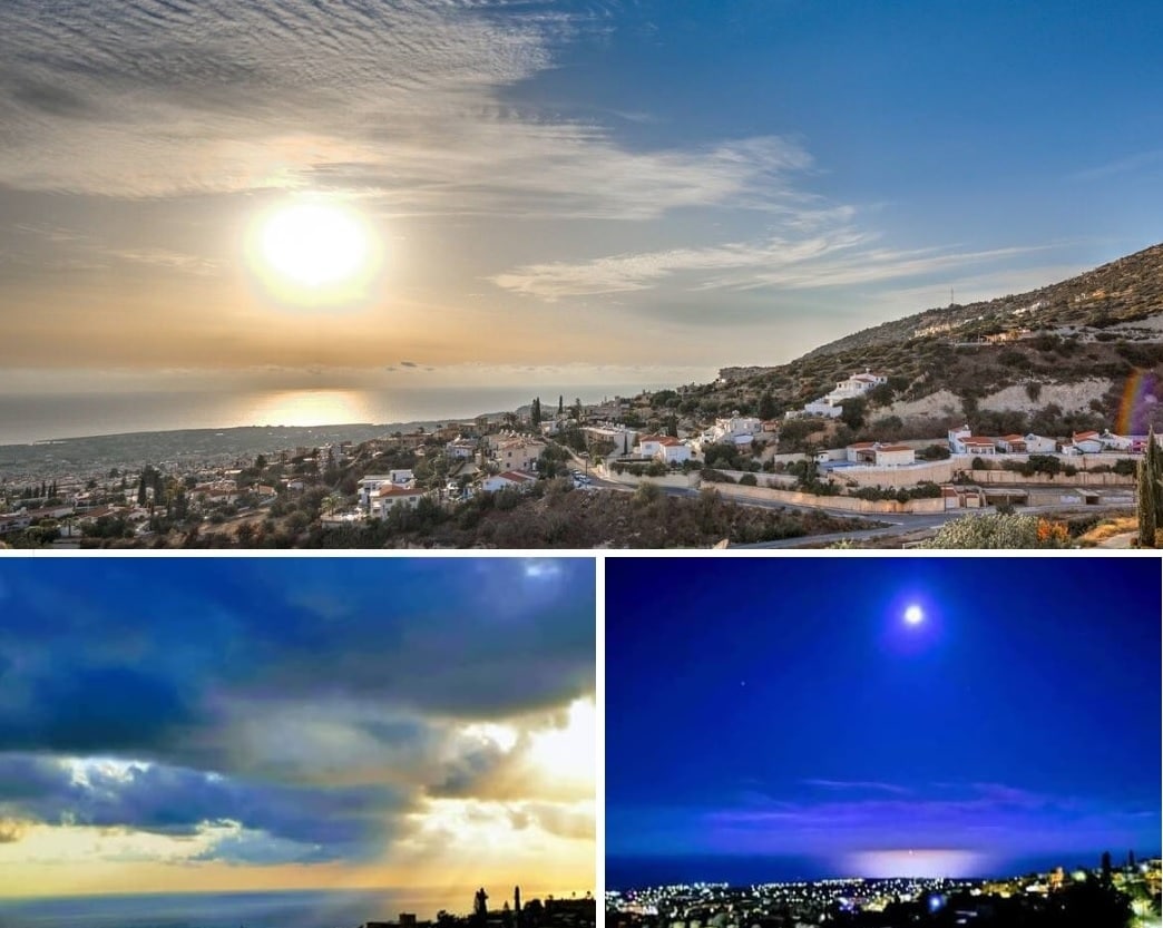 A panoramic view captures a stunning sunset over the coastline and mountains of Cyprus. The landscape is enriched by the warm glow of the setting sun, with scattered clouds adding depth to the sky. In the lower images, twilight reveals dramatic clouds and twinkling city lights.