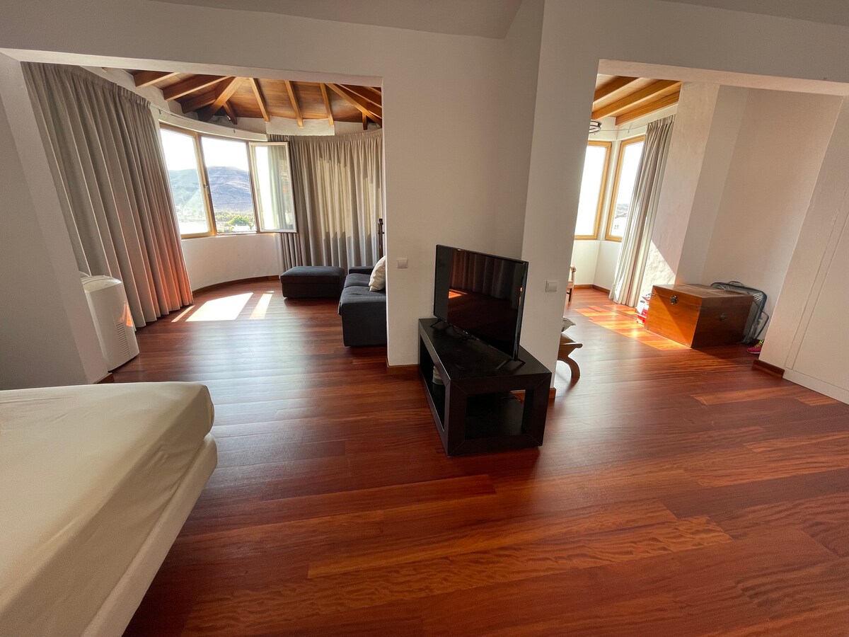 A spacious main bedroom is displayed with wooden flooring and a high wooden ceiling. Large windows allow natural light to fill the room, offering views of the surrounding landscape. A television is positioned in the corner, with a comfortable seating area visible in the background.