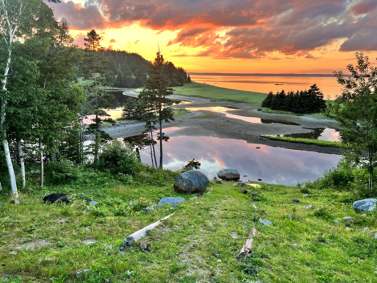 A serene landscape is depicted at sunset, with vibrant orange and pink hues reflecting on calm waters. Lush greenery and rocks frame the foreground, leading to a sandy area bordered by trees, with gentle waves lapping the shore in the distance.