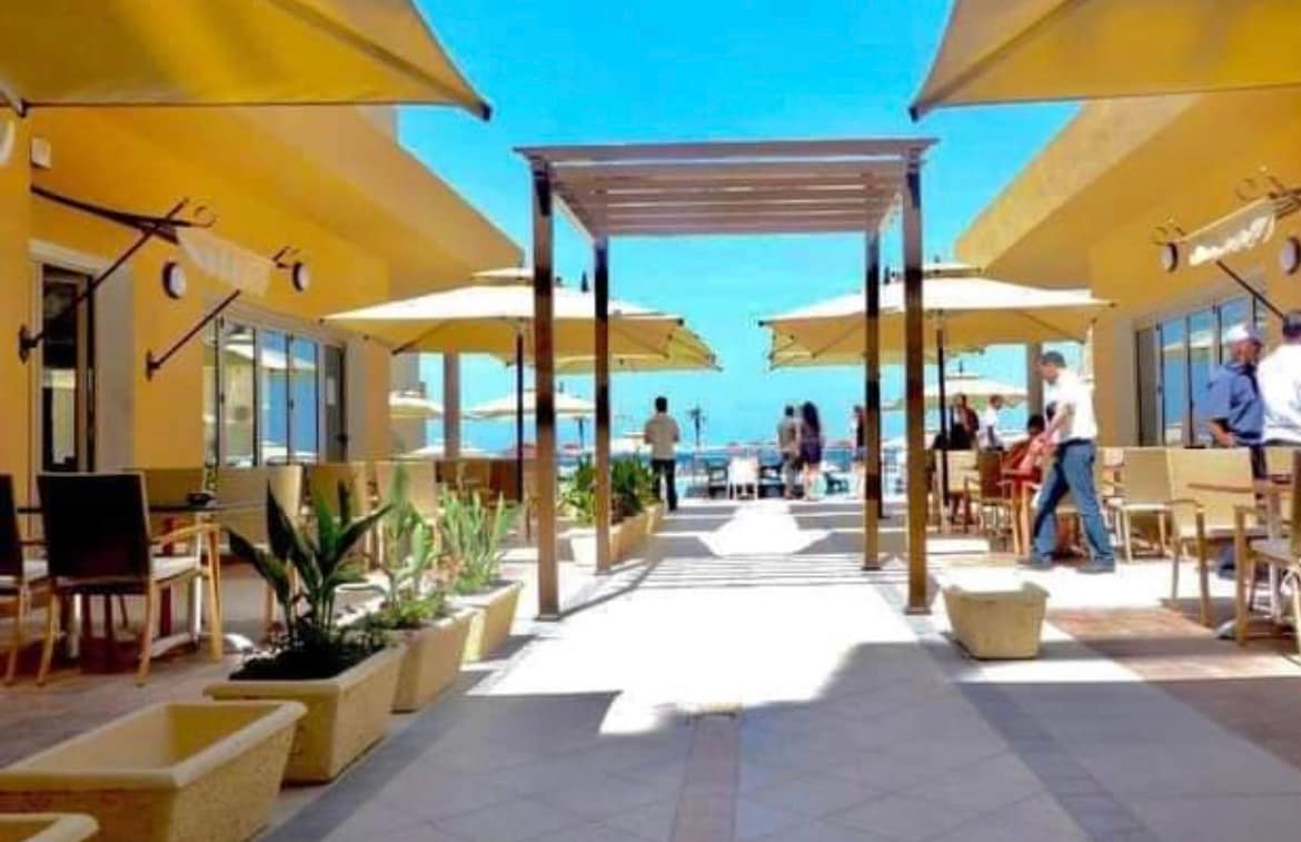 An outdoor terrace is featured, lined with potted plants and shaded by oversized umbrellas. Multiple seating arrangements are visible, and two groups of people are seen enjoying the space. The backdrop includes glimpses of a pool and the sky, suggesting a relaxed atmosphere.