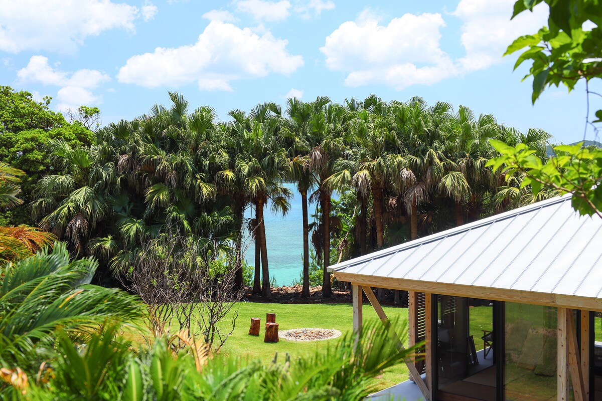 Lush greenery surrounds a modern villa, with palm trees framing a glimpse of the ocean in the background. A fire pit is situated in the garden, providing a serene outdoor space. Bright blue skies enhance the tranquil setting, inviting relaxation.