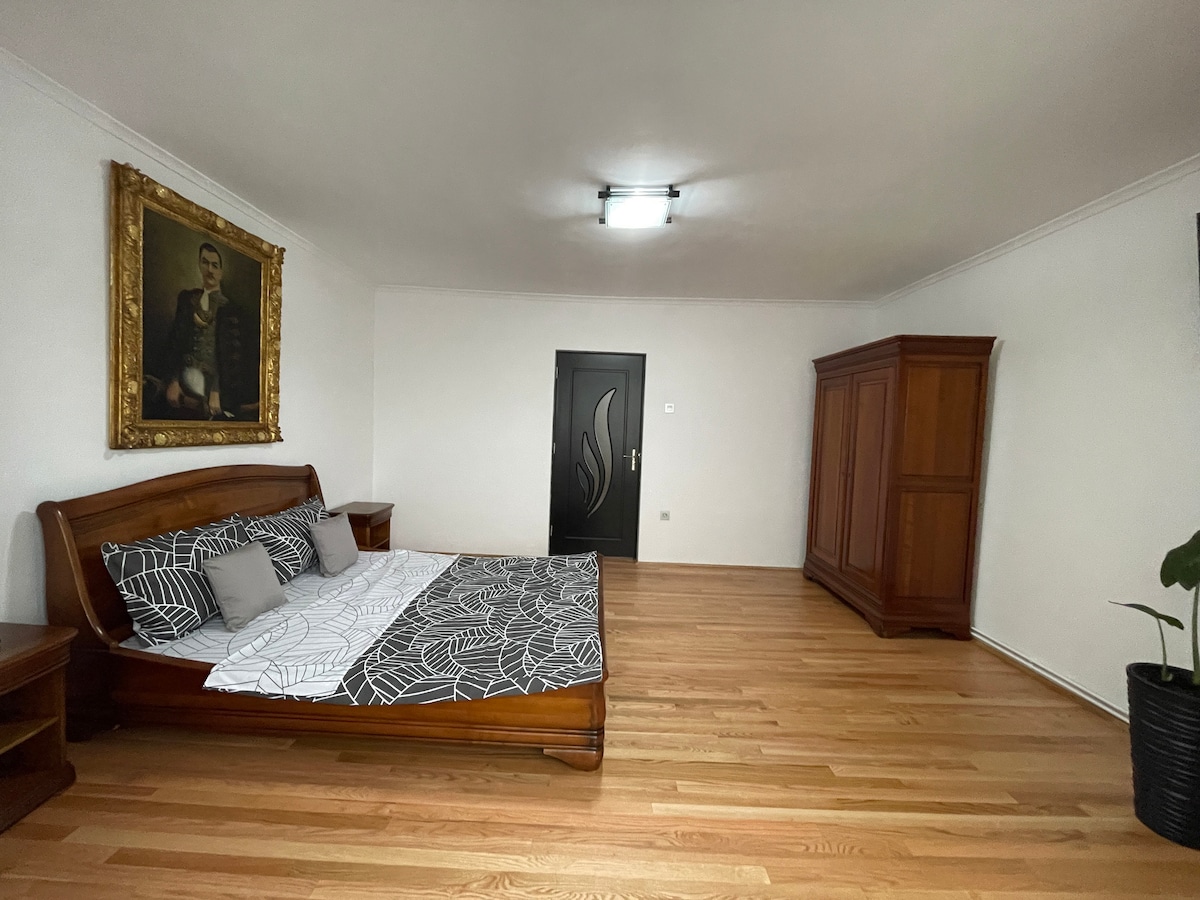 A spacious room features a wooden bed with a patterned duvet and two gray pillows. A large wardrobe stands against the wall, with a piece of artwork hanging above the bed. Natural light highlights the polished wooden floor.