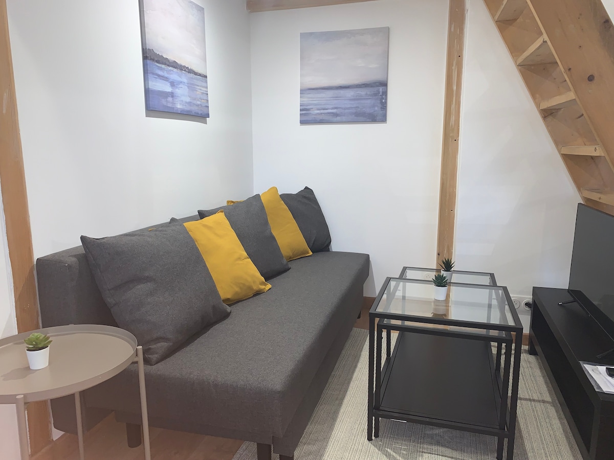 Ლაუნჯ-დარბაზი გასაშლელი დივანითა და ტელევიზორით 