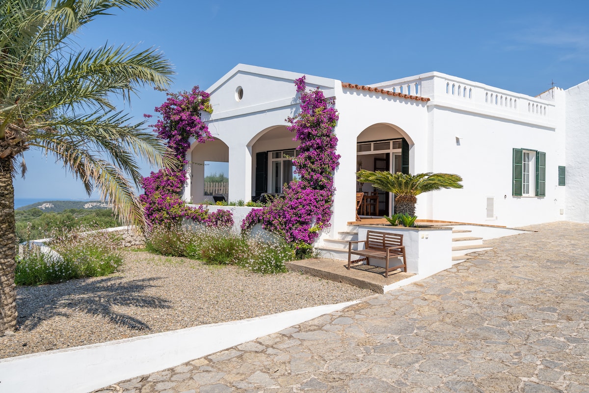 The exterior of the house showcases a white facade with green shutters, framed by vibrant bougainvillea. A spacious terrace with a wooden bench invites relaxation, while a stone pathway leads to the entrance. Lush greenery and palm trees enhance the tranquil setting.