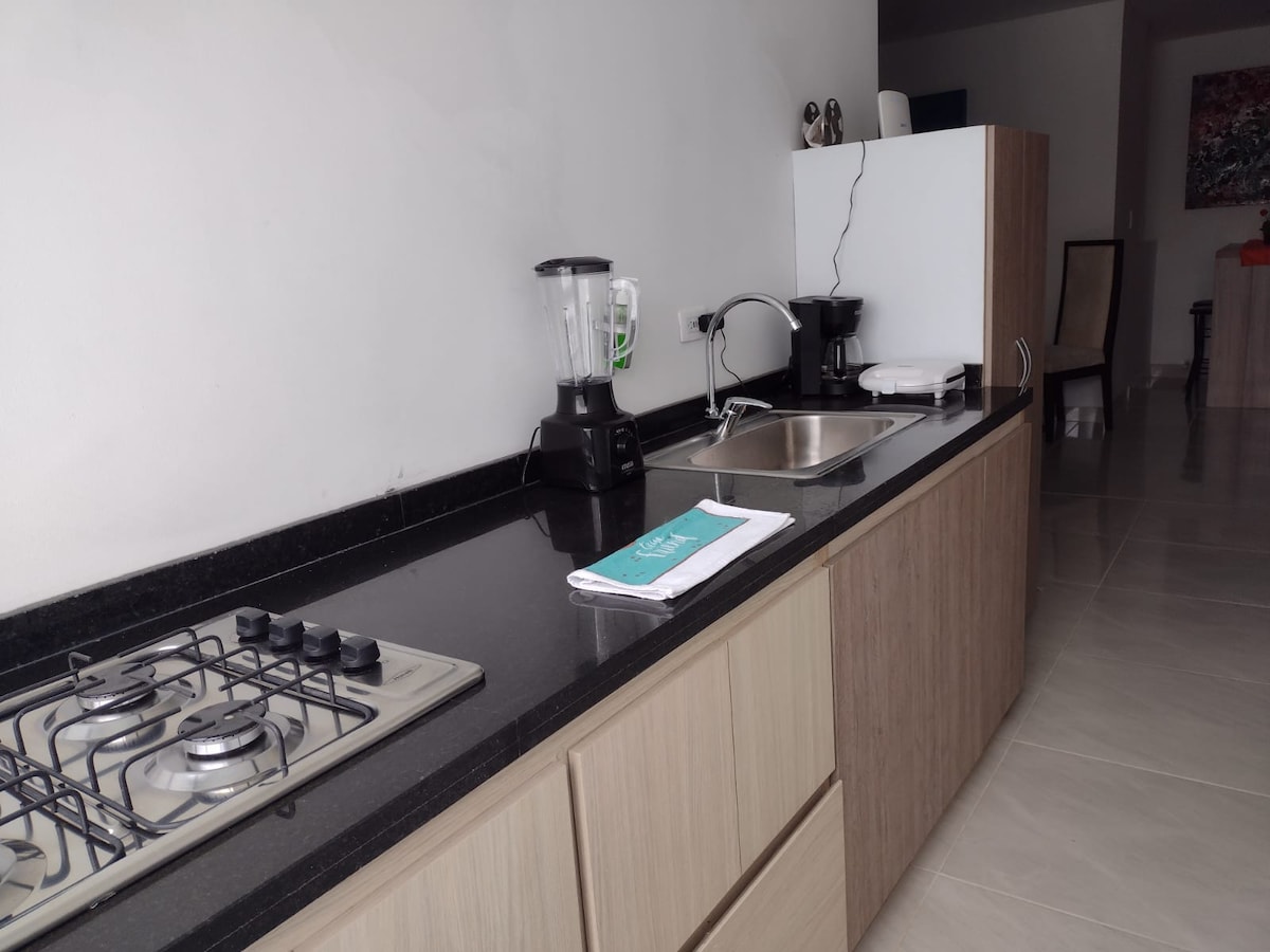 The kitchen features modern appliances including a blender and coffee machine, set against sleek black countertops. A stainless steel sink is situated next to a gas stove, providing a functional space for meal preparation.