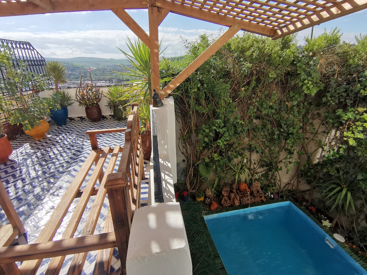 A private terrace features a small pool surrounded by greenery and potted plants. A wooden pergola provides shade, creating a relaxing outdoor space. The tiled flooring adds texture, while the scenic view in the background enhances the serene environment.