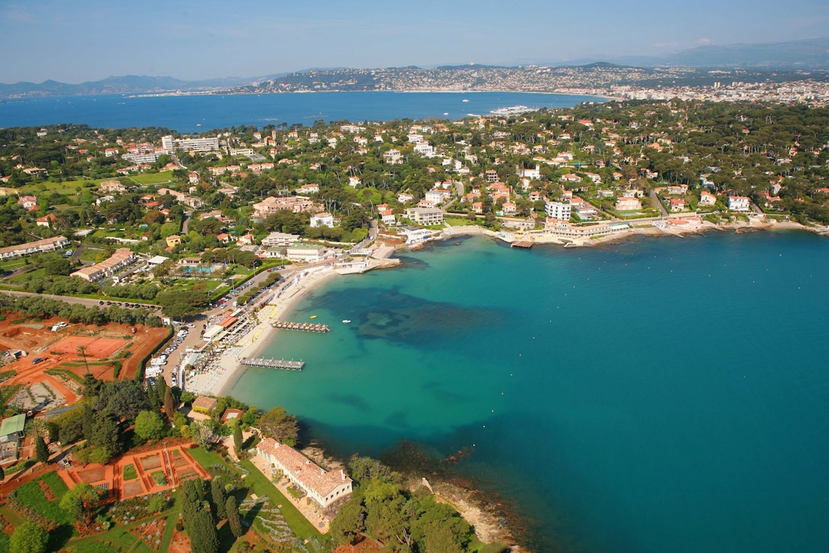 An aerial view captures the serene coastline lined with sandy beaches and a clear blue sea. Lush greenery surrounds the area, interspersed with residential buildings and roads, illustrating the tranquil charm of the picturesque Antibes. The sky is clear, and the landscape extends into the distance.