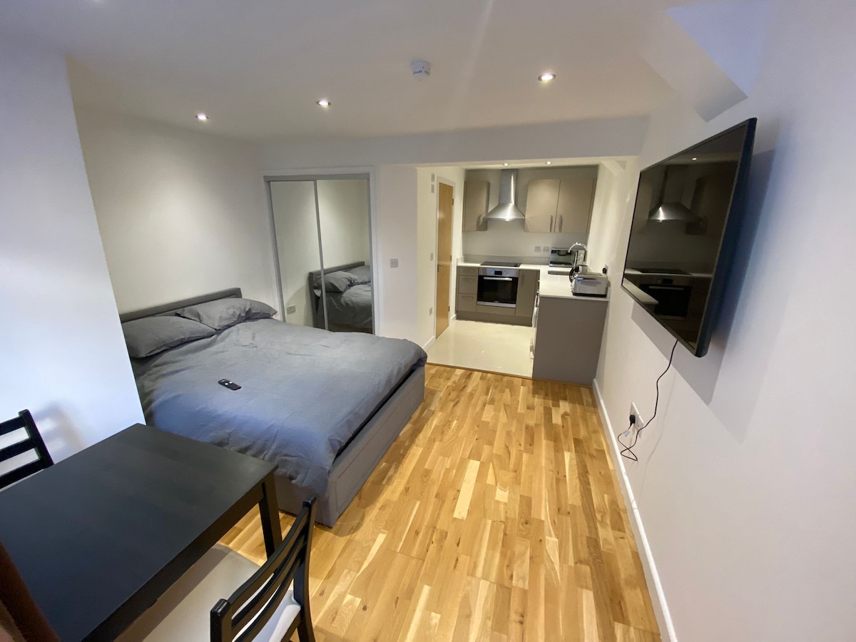 A simple studio apartment is presented with a spacious bed and a mirrored wardrobe. A small dining table with two chairs is positioned near the kitchen area, which includes modern appliances. Soft lighting enhances the open layout, while wooden flooring provides a warm touch.