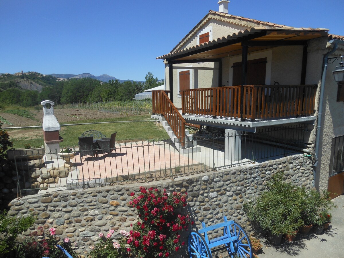 The outdoor area features a stone wall surrounding a patio with a dining table and chairs. A wooden balcony extends from the house, offering views of the surrounding fields and mountains. Lush greenery and blooming flowers add color to the landscape.