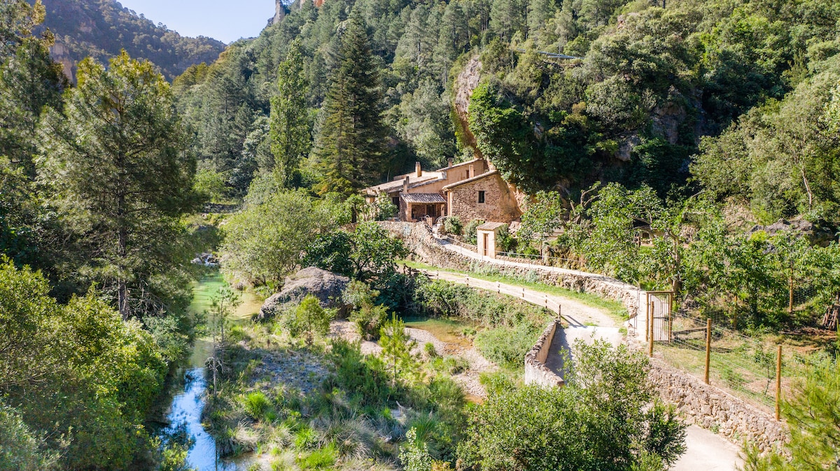 A scenic landscape showcases a rustic dwelling nestled among lush greenery, with a gentle stream winding nearby. The surrounding hills add depth to the view, and a winding pathway leads to the entrance of the home, enhancing the serene natural setting.