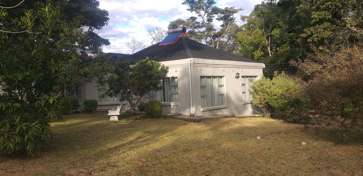 The exterior of a single-story white house is showcased, featuring large windows and a black roof with a red accent. Surrounding greenery includes manicured bushes and a lawn, providing a serene and natural setting.