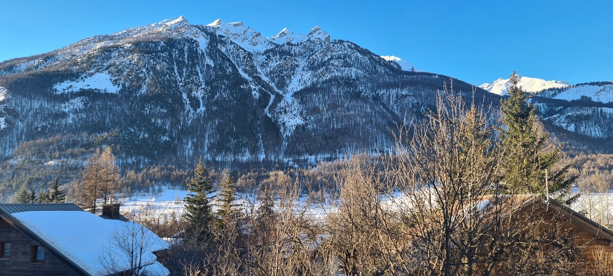 Snow-covered peaks rise majestically in the distance, framed by a clear blue sky. The mountains are interspersed with patches of trees, creating a natural contrast with the white snow. Roofs of wooden structures are visible in the foreground, adding to the alpine scene.