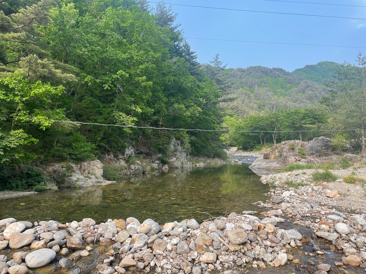 A serene natural landscape is displayed, featuring a calm stream surrounded by smooth stones and lush greenery. Trees line the banks, providing shade and a sense of tranquility. The gentle water reflects the blue sky and offers a peaceful setting for relaxation.