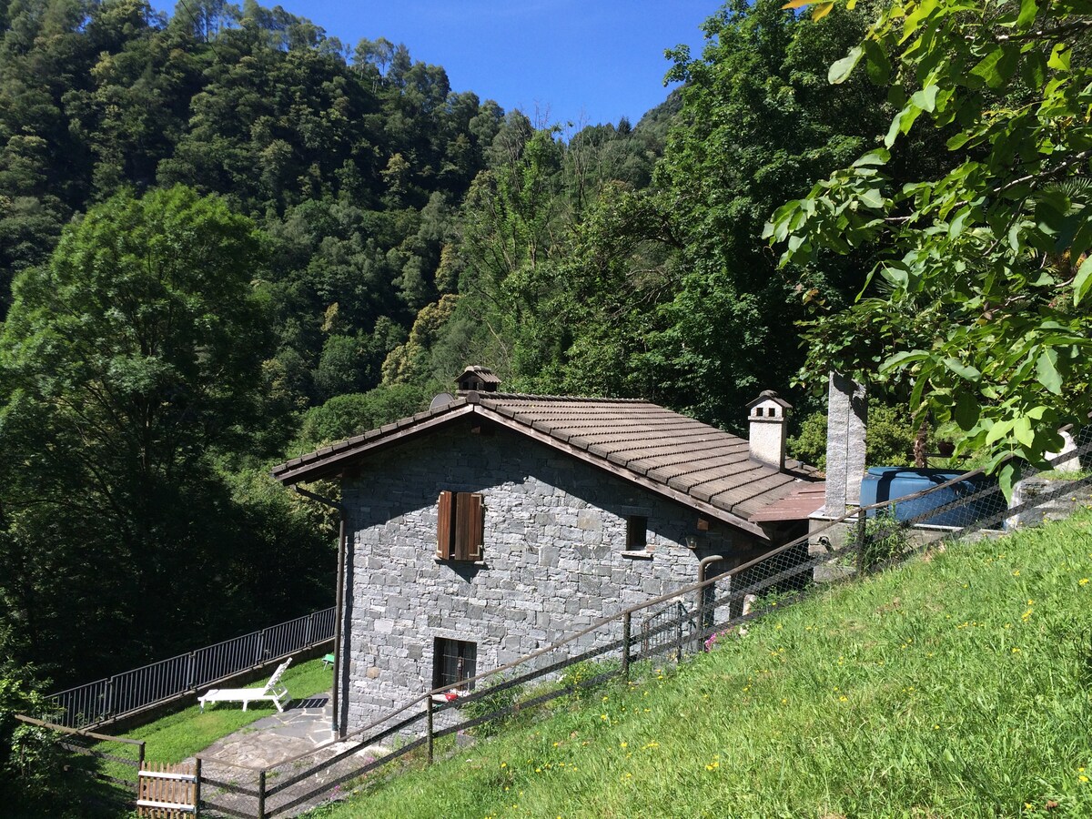 A stone house with a tiled roof is nestled among lush greenery. Surrounded by trees, the property features a well-maintained lawn and offers a serene mountain view. Sunlight illuminates the scene, highlighting the natural beauty of the surroundings.
