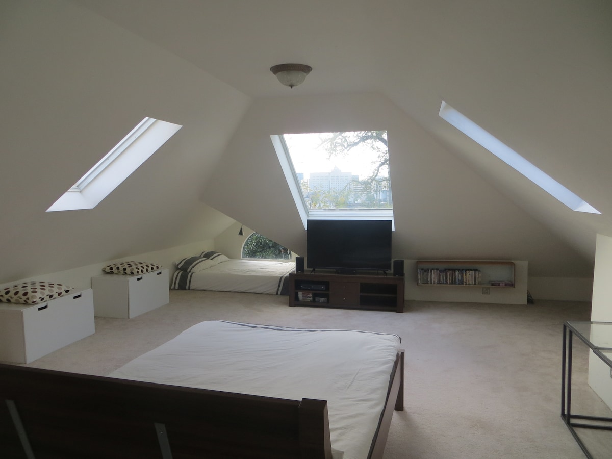 A spacious top floor room is illuminated by three skylights, featuring cool angled ceilings. A queen bed is positioned against one wall, while a full bed is placed nearby. A television and low media console are visible, along with two storage boxes for convenience.