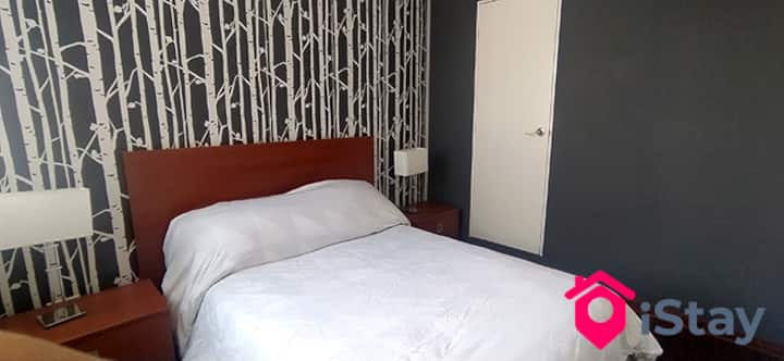 Master bedroom with 2pl bed, wall closet to look and built-in bathroom.