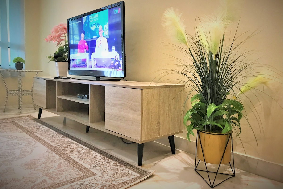 A modern living area is presented with a wooden TV cabinet supporting a flat-screen television. A decorative plant is displayed in a geometric pot beside the cabinet, complementing a plush area rug on the floor. Soft natural light fills the space.