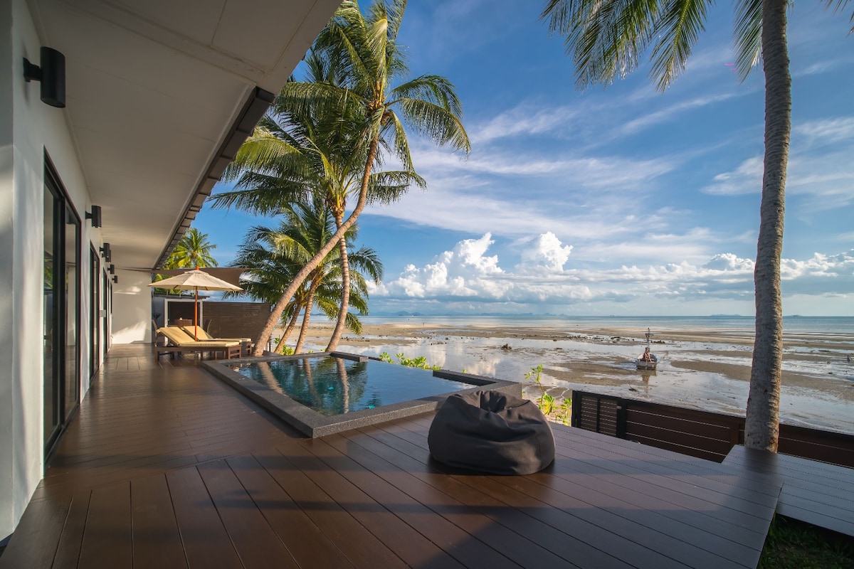 A spacious terrace features a private saltwater pool overlooking the beach. Palm trees provide shade while loungers invite relaxation. The view encompasses the sandy shore and distant water, with clouds scattered across the sky, creating a serene coastal atmosphere.