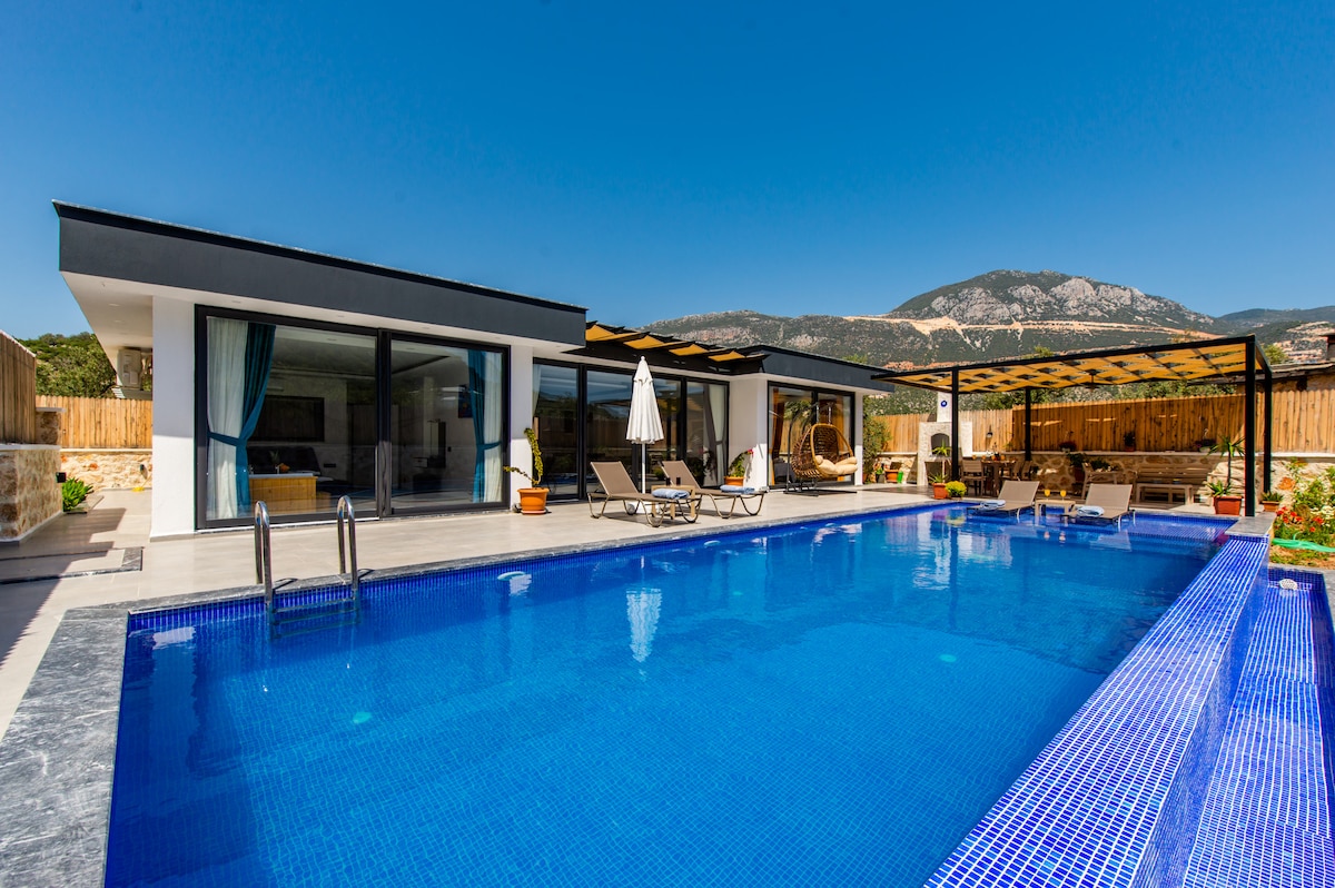 The exterior of the villa features a spacious swimming pool surrounded by lounge chairs and shaded seating areas. A mountain backdrop is visible, enhancing the serene ambiance. Clear blue skies reflect on the water, while well-maintained gardens add natural beauty to the setting.