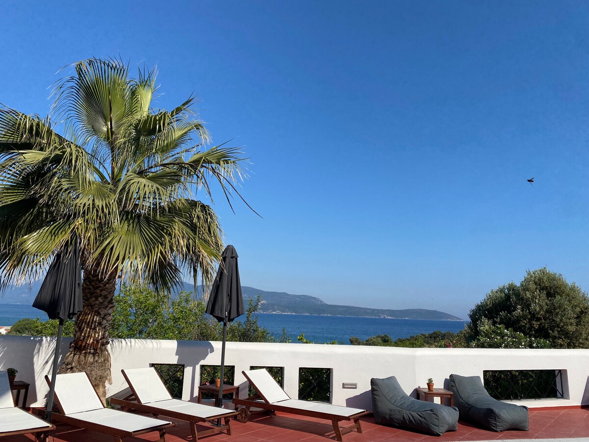 A terrace is featured with sun loungers and a large umbrella, surrounded by greenery. A palm tree adds a tropical touch, while a stunning sea view is visible beyond the railing, presenting a calming horizon of water and distant land.