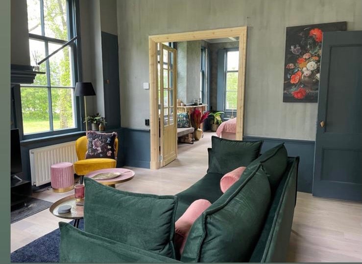 A spacious living area is shown, featuring a green velvet sofa with pink cushions. Sunlight filters through large windows, illuminating the room. A small table holds a pink drink, while decorative plants and artwork add character to the space.