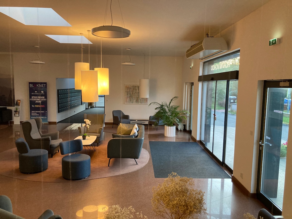 The lobby area features contemporary seating arrangements with plush chairs and soft lighting from oversized pendant lamps. Natural light enters through skylights and large glass doors, creating an inviting atmosphere. A potted plant adds a touch of greenery to the space.