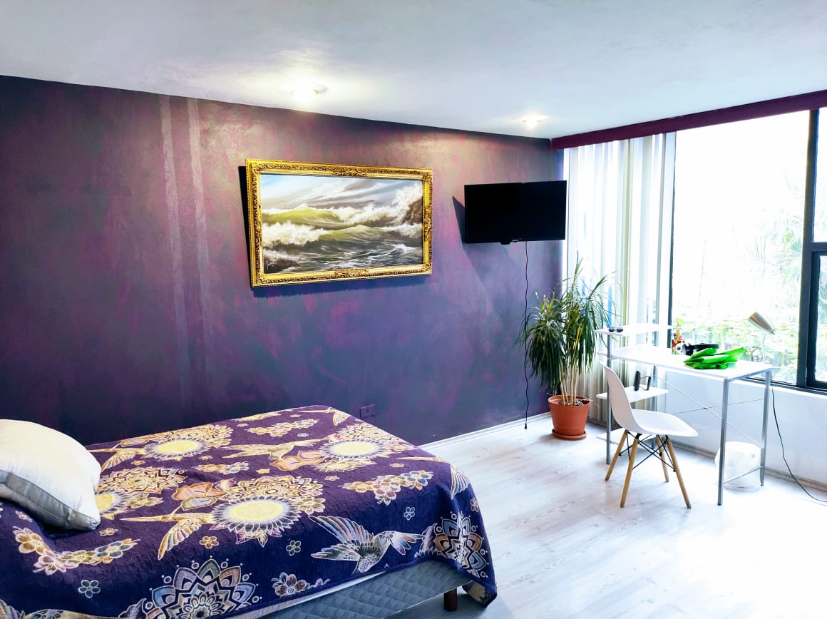 A spacious sleeping area features a comfortable bed with a patterned blanket. A large window allows natural light to enhance the purple walls, while a decorative painting complements the space. A small desk with a chair and potted plant add functional elements to the room.