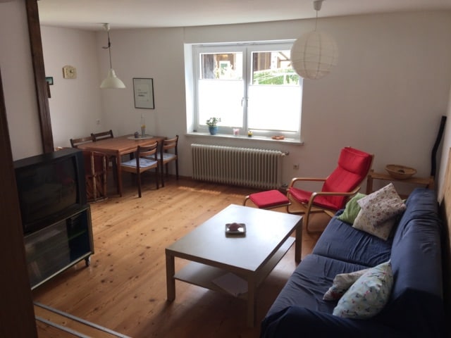 A living area features a spacious couch and a red lounge chair, providing comfortable seating. A wooden dining table is positioned nearby, complemented by warm wooden flooring. Natural light floods in through the large window, illuminating the space.